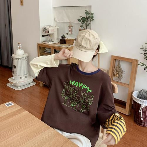 2021 New Happy Cat Printed Spliced Pullover J40464 Brown / S Shirt