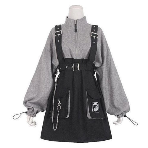 2021 Retro Vintage Women Gothic Girls Punk Mini Dress High Waist Suspender Skirt J30088 Black Long