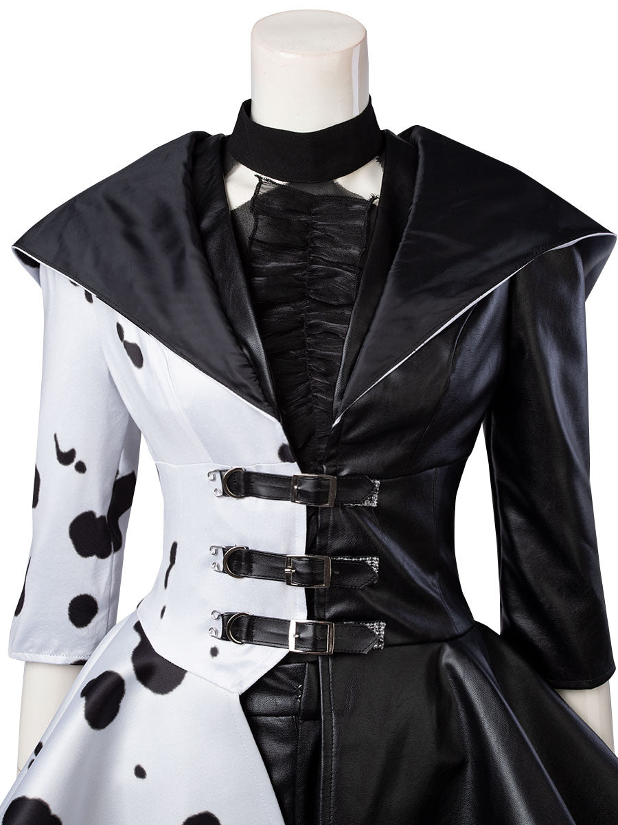 2021 Movie Cruella Estella Cruella de Vil Cosplay Costume Spotted Dress C00621